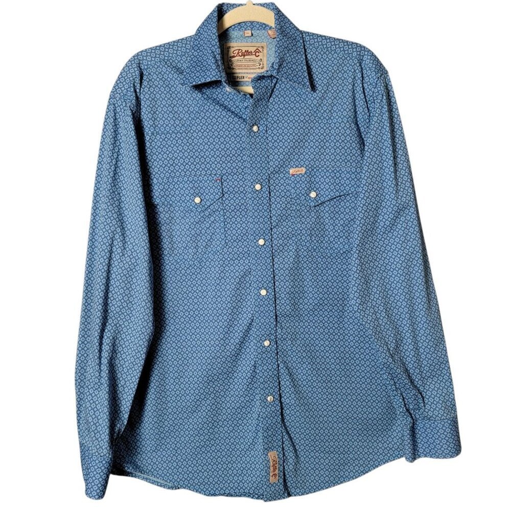 Rafter C Mens Blue Geometric Western Pro Flex 45 Performance Pearl Snap Shirt M